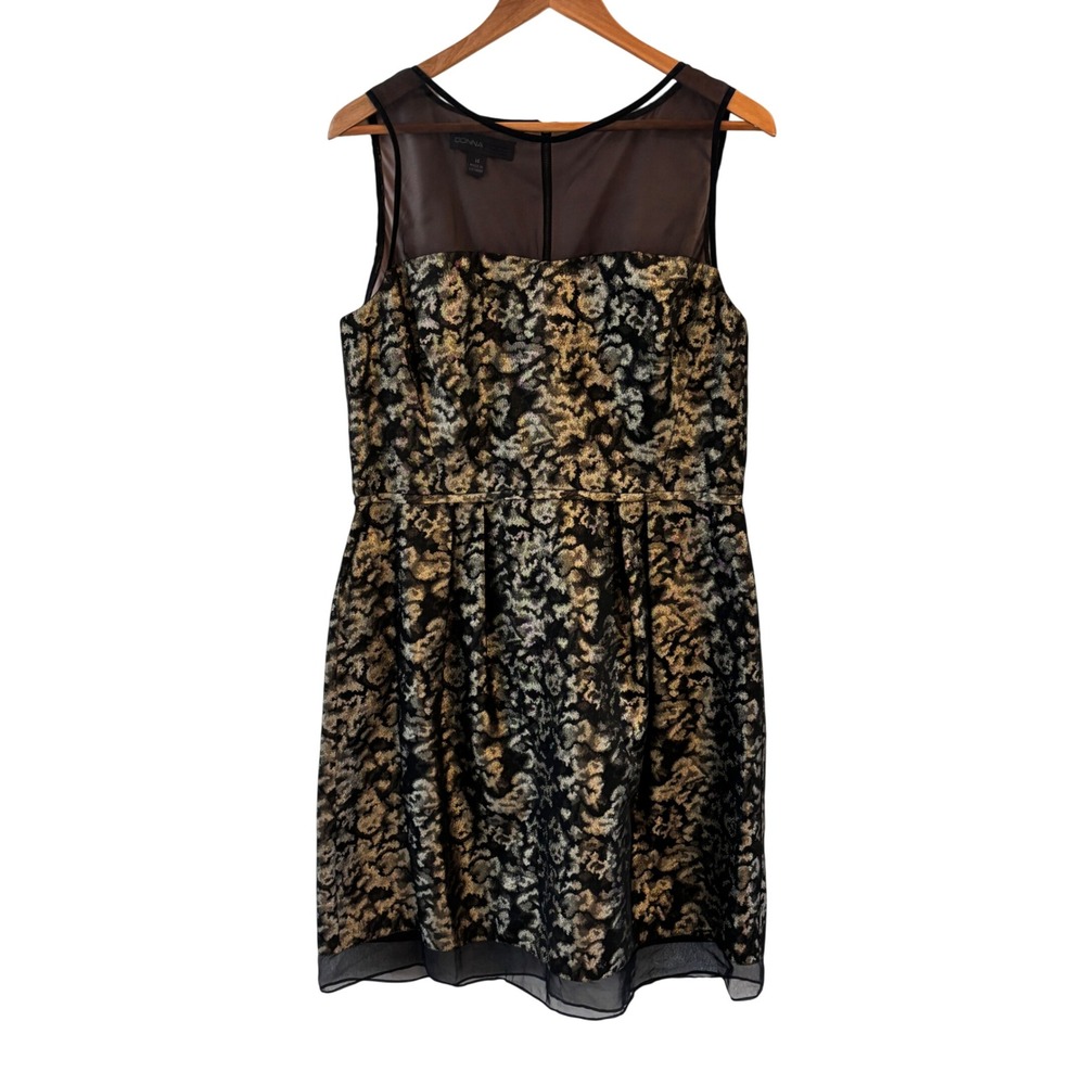 Donna Ricco Silk Blend Cocktail Dress‎ 14 Black Gold Metallic Jacquard Formal